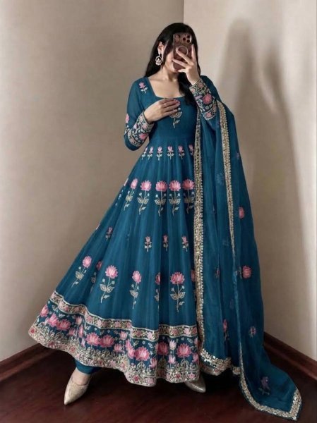 Unique Blue Fendy Silk Embroidered Gown Pant Dupatta Set for Wedding Ready To Wear Collection