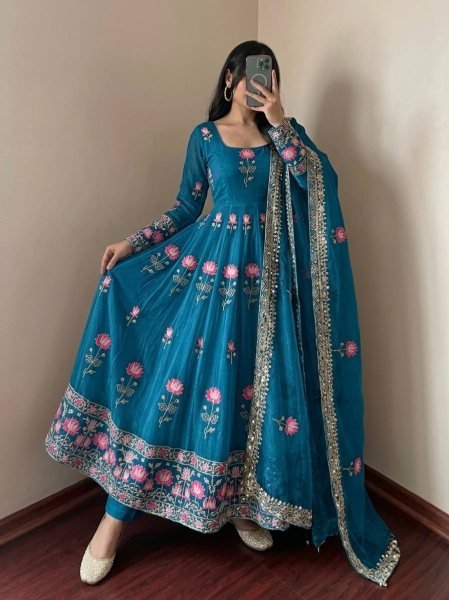 Unique Blue Fendy Silk Embroidered Gown Pant Dupatta Set for Wedding Ready To Wear Collection