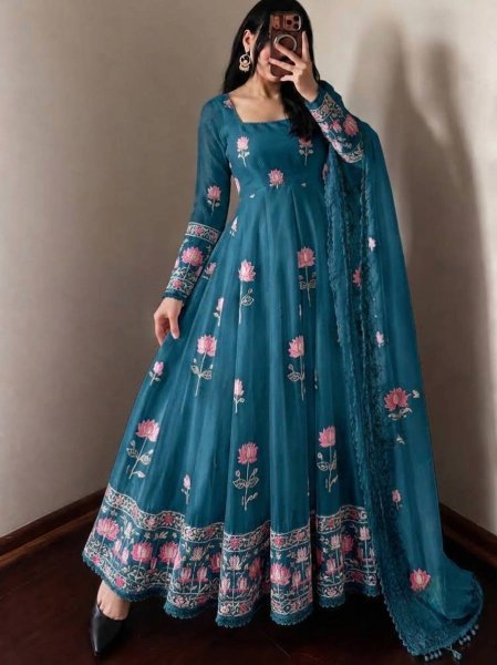 Unique Blue Fendy Silk Embroidered Gown Pant Dupatta Set for Wedding Ready To Wear Collection