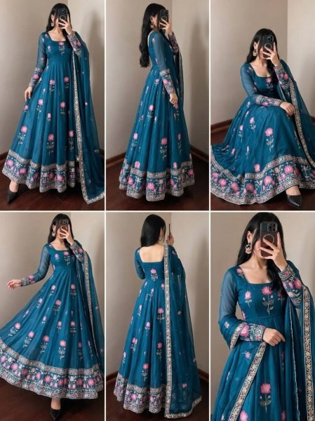 Unique Blue Fendy Silk Embroidered Gown Pant Dupatta Set for Wedding Ready To Wear Collection