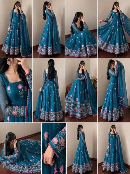 Unique Blue Fendy Silk Embroidered Gown Pant Dupatta Set for Wedding Ready To Wear Collection