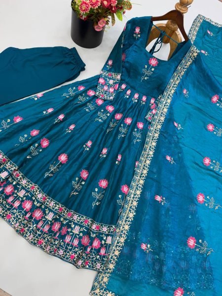 Unique Blue Fendy Silk Embroidered Gown Pant Dupatta Set for Wedding Ready To Wear Collection