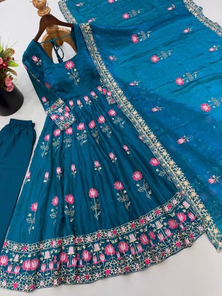 Unique Blue Fendy Silk Embroidered Gown Pant Dupatta Set for Wedding Ready To Wear Collection