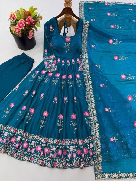 Unique Blue Fendy Silk Embroidered Gown Pant Dupatta Set for Wedding Ready To Wear Collection