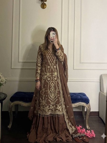 Unique Brown Heavy Faux Georgette Ethnic Wear with Fancy Sleeves  Palazzo and Dupatta Ready To Wear Suit
