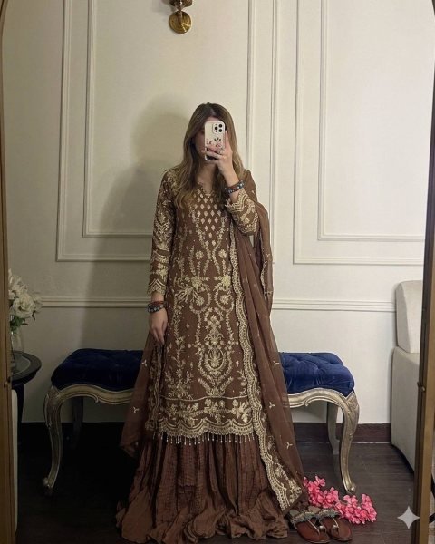 Unique Brown Heavy Faux Georgette Ethnic Wear with Fancy Sleeves  Palazzo and Dupatta Ready To Wear Collection