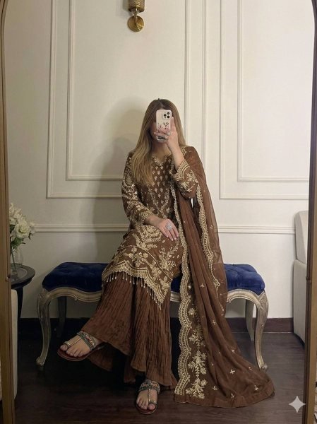 Unique Brown Heavy Faux Georgette Ethnic Wear with Fancy Sleeves  Palazzo and Dupatta Ready To Wear Collection