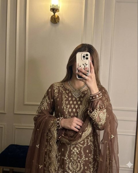 Unique Brown Heavy Faux Georgette Ethnic Wear with Fancy Sleeves  Palazzo and Dupatta Ready To Wear Collection