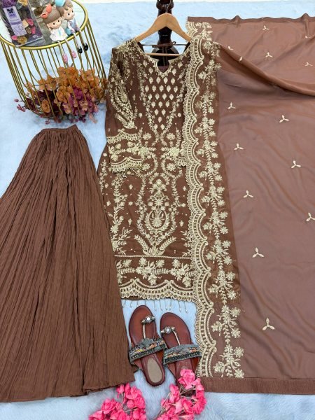 Unique Brown Heavy Faux Georgette Ethnic Wear with Fancy Sleeves  Palazzo and Dupatta Ready To Wear Collection