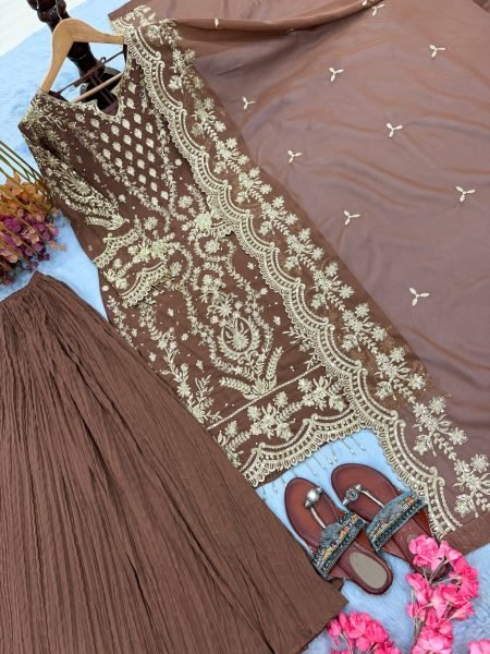 Unique Brown Heavy Faux Georgette Ethnic Wear with Fancy Sleeves  Palazzo and Dupatta Ready To Wear Collection
