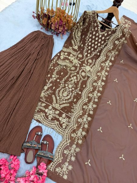 Unique Brown Heavy Faux Georgette Ethnic Wear with Fancy Sleeves  Palazzo and Dupatta Ready To Wear Collection