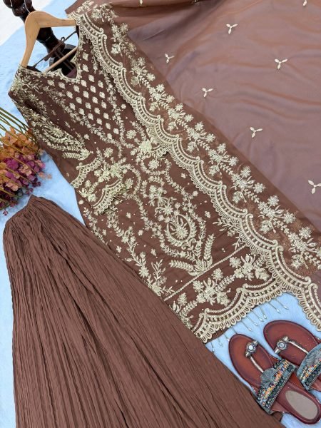 Unique Brown Heavy Faux Georgette Ethnic Wear with Fancy Sleeves  Palazzo and Dupatta Ready To Wear Collection