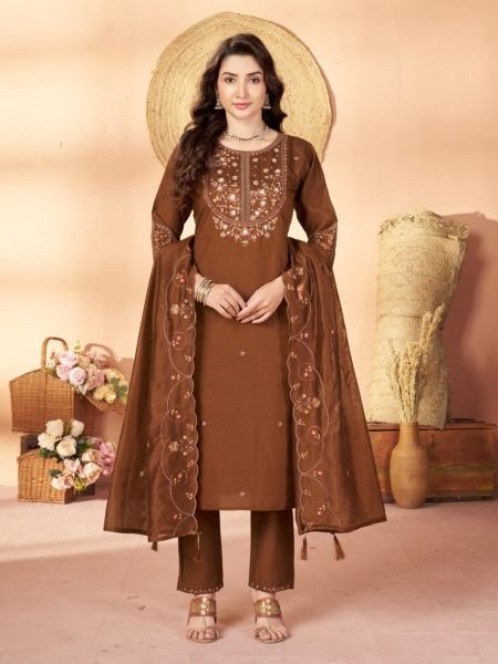 Unique Brown Pure Mal Chanderi Anarkali Suit with Hand Work 4 Piece Set at Wholesale Rate Kurtis