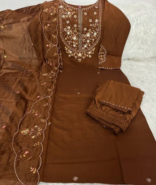 Unique Brown Pure Mal Chanderi Anarkali Suit with Hand Work 4 Piece Set at Wholesale Rate Embroidery Kurtis 
