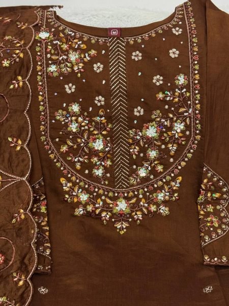 Unique Brown Pure Mal Chanderi Anarkali Suit with Hand Work 4 Piece Set at Wholesale Rate Embroidery Kurtis 