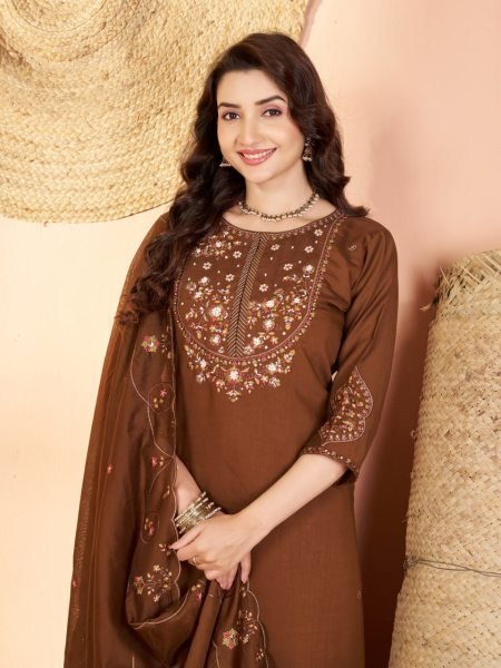 Unique Brown Pure Mal Chanderi Anarkali Suit with Hand Work 4 Piece Set at Wholesale Rate Embroidery Kurtis 