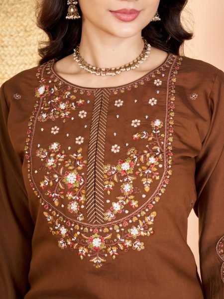 Unique Brown Pure Mal Chanderi Anarkali Suit with Hand Work 4 Piece Set at Wholesale Rate Embroidery Kurtis 