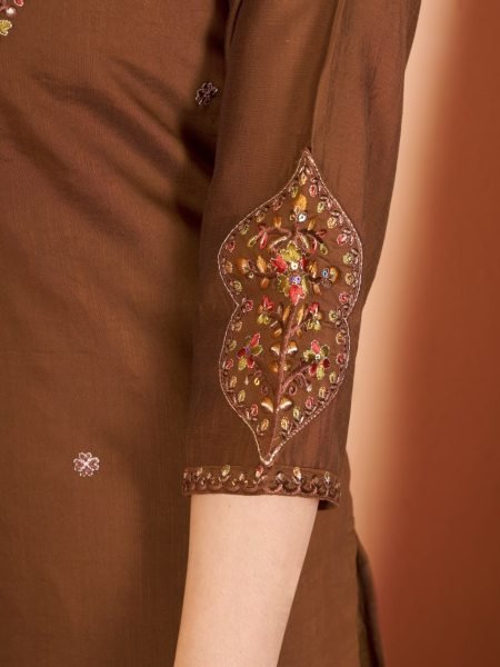 Unique Brown Pure Mal Chanderi Anarkali Suit with Hand Work 4 Piece Set at Wholesale Rate Embroidery Kurtis 
