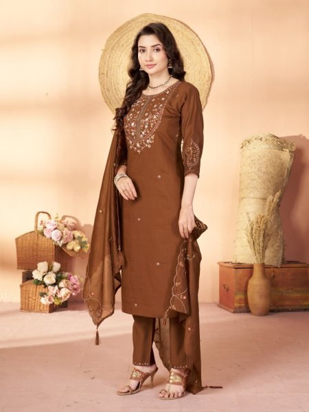 Unique Brown Pure Mal Chanderi Anarkali Suit with Hand Work 4 Piece Set at Wholesale Rate Embroidery Kurtis 