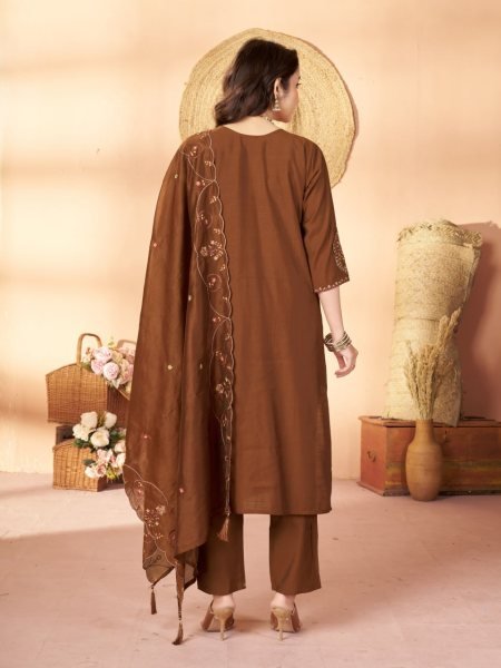 Unique Brown Pure Mal Chanderi Anarkali Suit with Hand Work 4 Piece Set at Wholesale Rate Embroidery Kurtis 
