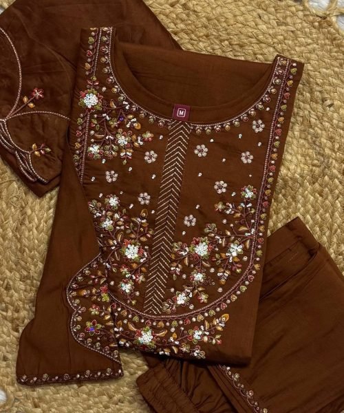 Unique Brown Pure Mal Chanderi Anarkali Suit with Hand Work 4 Piece Set at Wholesale Rate Embroidery Kurtis 