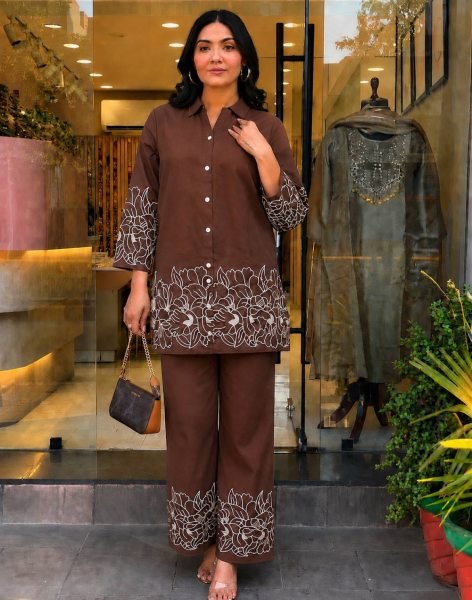 Unique Brown Rayon Top Palazzo Set with Heavy Embroidery for All Occasions CO ORD Sets