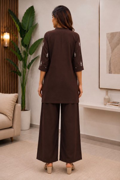 Unique Brown Roman Silk Embroidered Ethnic Co ord Set For Festival Wear CO ORD Sets