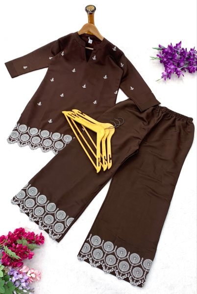 Unique Brown Roman Silk Embroidered Ethnic Co ord Set For Festival Wear CO ORD Sets