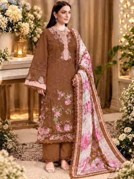 Unique Brown Women   s Cotton Chikankari Suit with Printed Dupatta at Manufacturer  