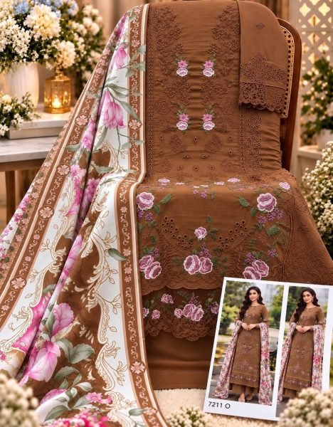 Unique Brown Women   s Cotton Chikankari Suit with Printed Dupatta at Manufacturer  Pakistani Suits Wholesale