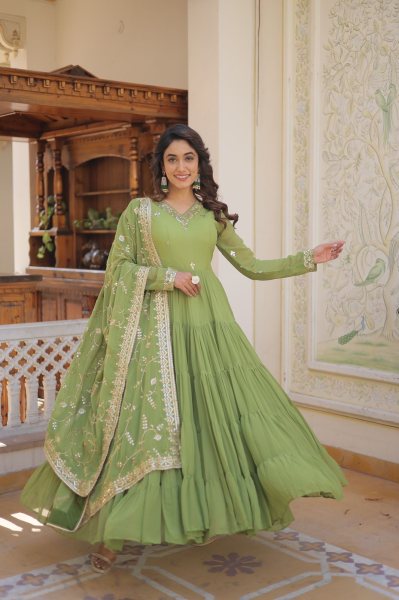 Unique Coloured Faux Georgette with Embroidered work Gown With Dupatta  Anarkali Kurtis 
