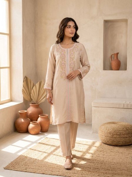 Unique Cream Embroidered Chanderi Suit with Soft Mul Cotton Lining CO ORD Sets