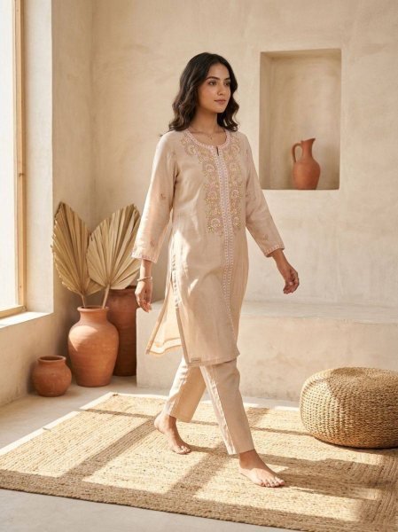Unique Cream Embroidered Chanderi Suit with Soft Mul Cotton Lining CO ORD Sets
