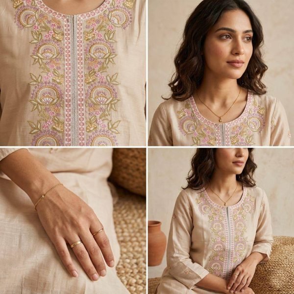 Unique Cream Embroidered Chanderi Suit with Soft Mul Cotton Lining CO ORD Sets