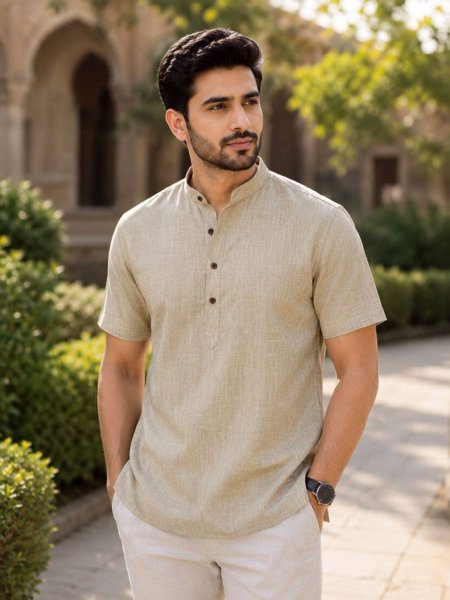 Unique Cream Half Sleeve Khadi Linen Kurta for Men with Classic Ethnic Look 
