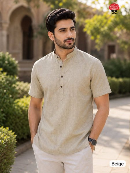 Unique Cream Half Sleeve Khadi Linen Kurta for Men with Classic Ethnic Look Mens Shirt