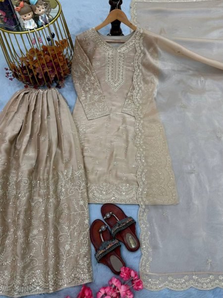Unique Cream Ready to Wear  Gmy Choo  Top Plazzo Suit with Dupatta for Wholesalers at Manufacturer Rate 