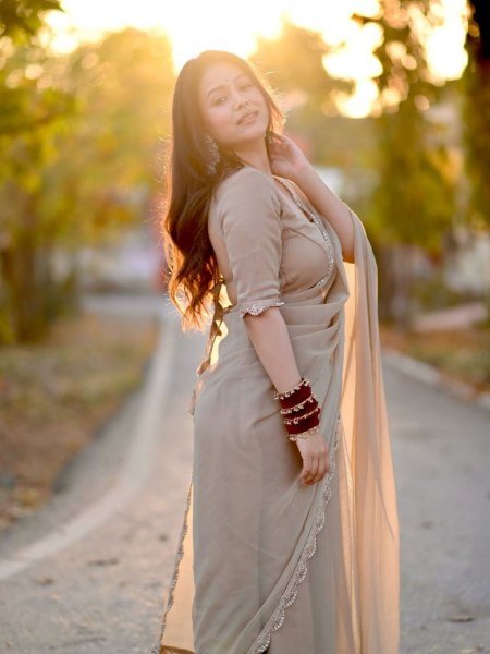 Unique Cream Star Georgette Saree with Hand Made Moti Lace Work Sarees 