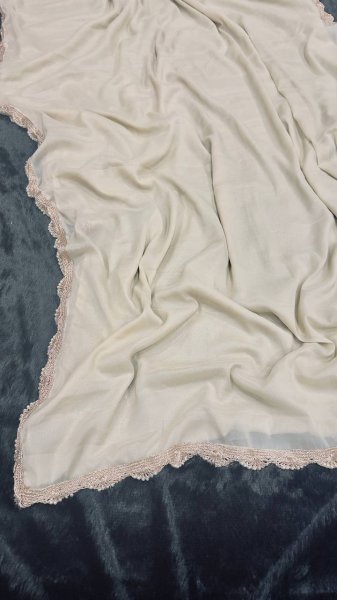 Unique Cream Star Georgette Saree with Hand Made Moti Lace Work Silk Sarees Wholesale