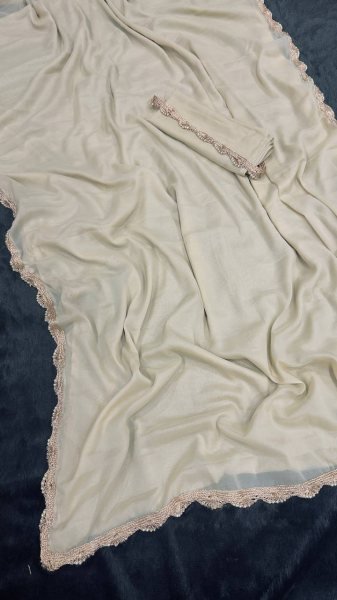 Unique Cream Star Georgette Saree with Hand Made Moti Lace Work Silk Sarees Wholesale