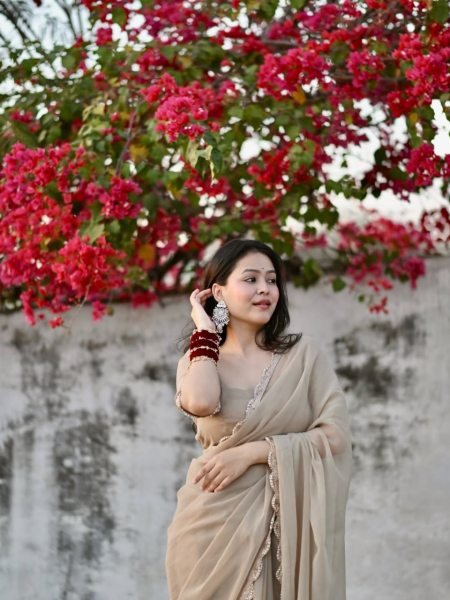 Unique Cream Star Georgette Saree with Hand Made Moti Lace Work Silk Sarees Wholesale