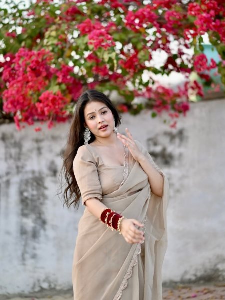 Unique Cream Star Georgette Saree with Hand Made Moti Lace Work Silk Sarees Wholesale