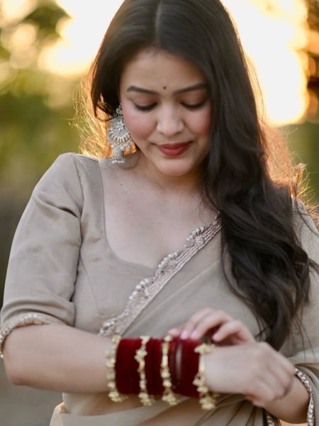 Unique Cream Star Georgette Saree with Hand Made Moti Lace Work Silk Sarees Wholesale