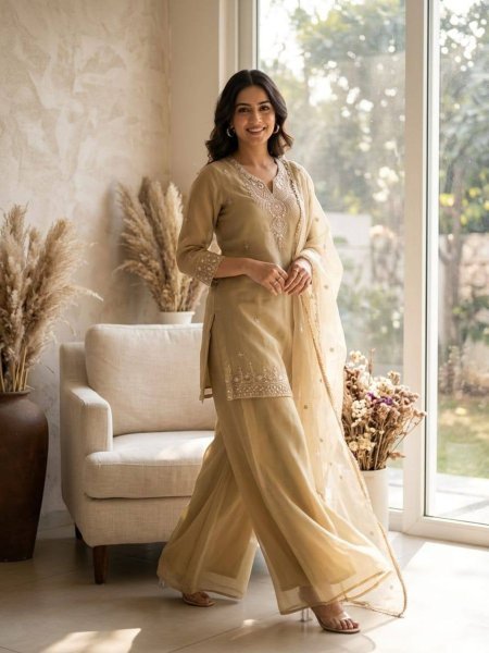Unique Cream Women Designer Palazzo Set with Lace Work Dupatta Ready To Wear Suit