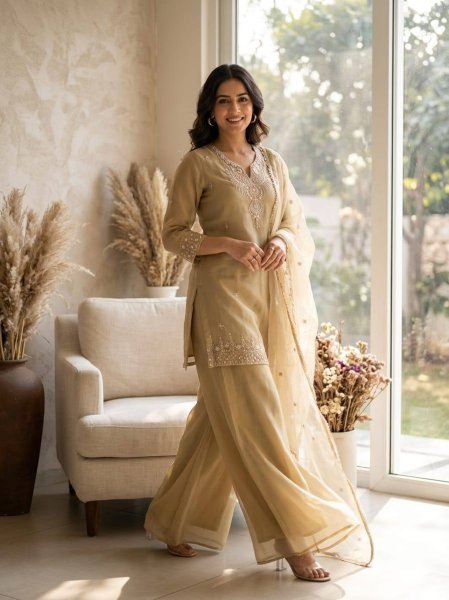 Unique Cream Women Designer Palazzo Set with Lace Work Dupatta Ready To Wear Collection