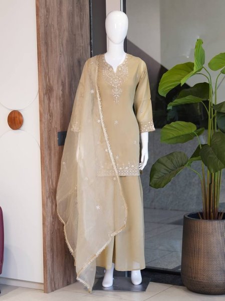 Unique Cream Women Designer Palazzo Set with Lace Work Dupatta Ready To Wear Collection