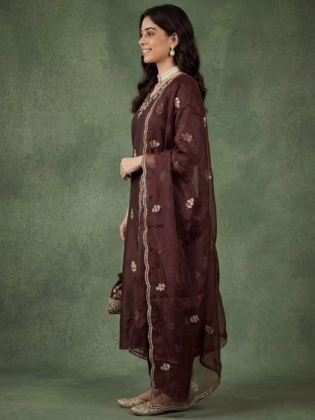 Unique Embroidery Work Cotton Silk Kurta Pant Set with Organza Dupatta for Women Kurtis