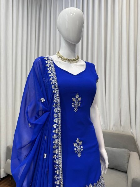 Unique Faux Georgette Thread and Sequence Work Suit with Fancy Lace Dupatta for Night Party Wear Ready To Wear Collection
