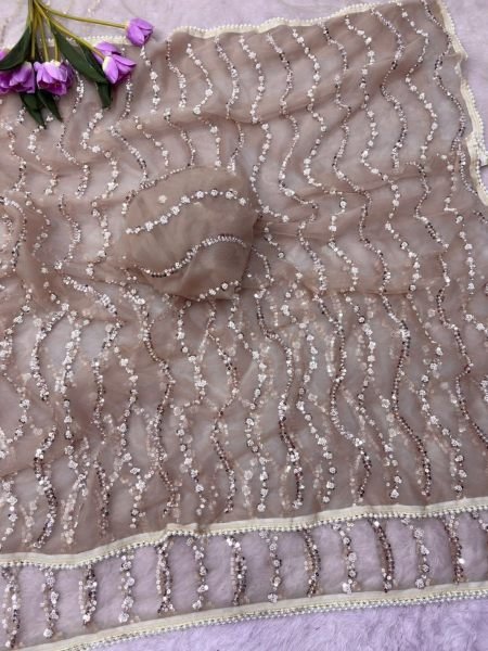 Unique Golden Butterfly Net Saree with Sequin Brits Work and Pearl Border for Wedding 