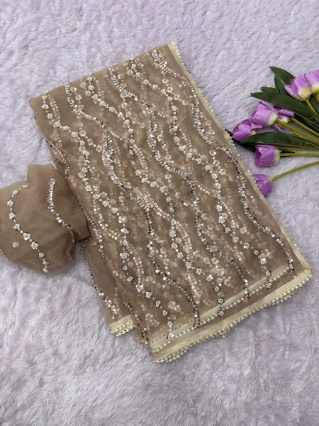 Unique Golden Butterfly Net Saree with Sequin Brits Work and Pearl Border for Wedding Bollywood Fancy Sarees Wholesale